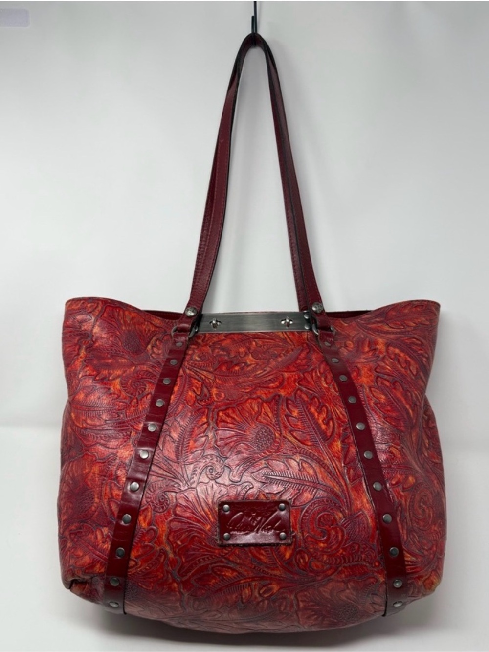 Patricia Nash Red and Burgundy Floral Tooled Leather Benvenuto Tote